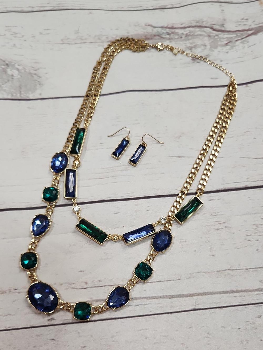 Gold-Tone Blue & Green Gemstone Layered Necklace with Matching Earrings